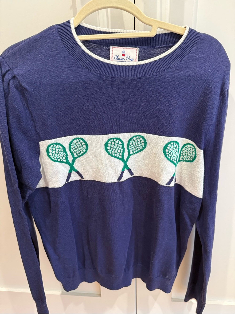 Classic Prep Navy Crewneck Sweater with Green Tennis Motif
